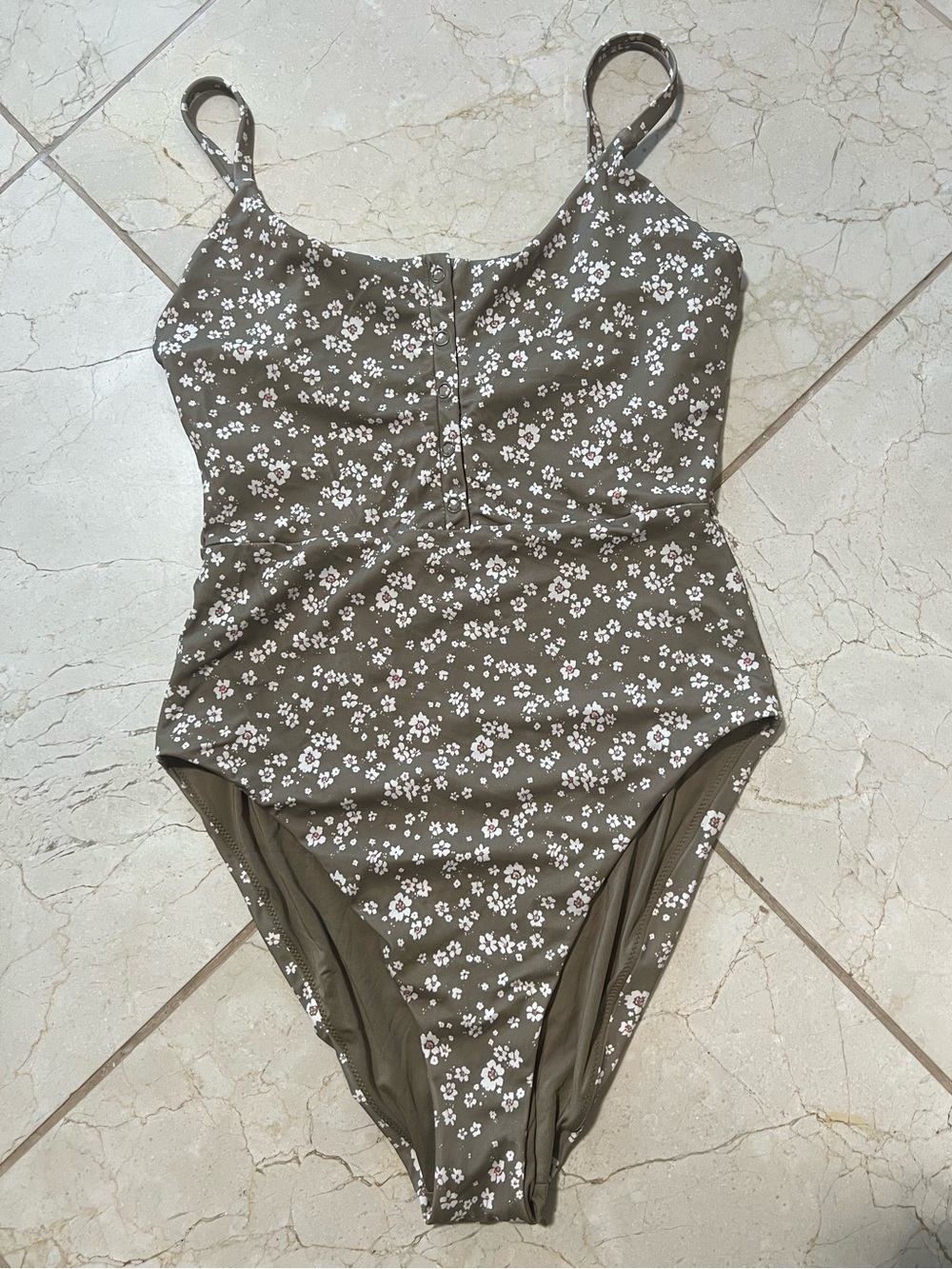 Andie Swim The Snap One Piece Swimsuit Ditsy Floral Olive Green Buttons Large